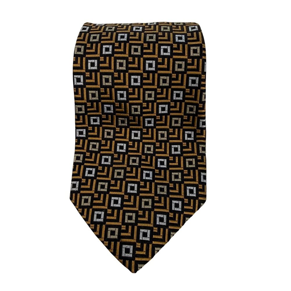 Robert Talbott Silk Tie 3.75in Geometric Square Pattern Gold Silver Black Luxe
